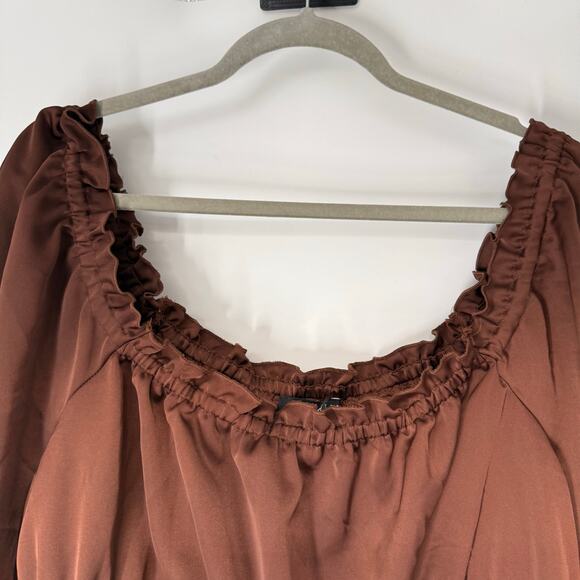 Eloquii Sateen Long Sleeve Peplum Hem Crop Top Women's Plus Size 14 Brown Y2K - Picture 3 of 8